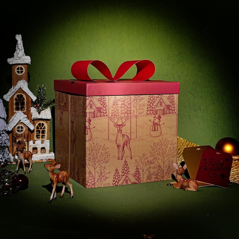 LaRibbons Large Christmas Gift Boxes with Lids, 10x10x10 Inches Rustic Red Winter Toile Theme with Deer Design Folding Square Gift Boxes for Christmas Decorative Xmas Present - Image 2
